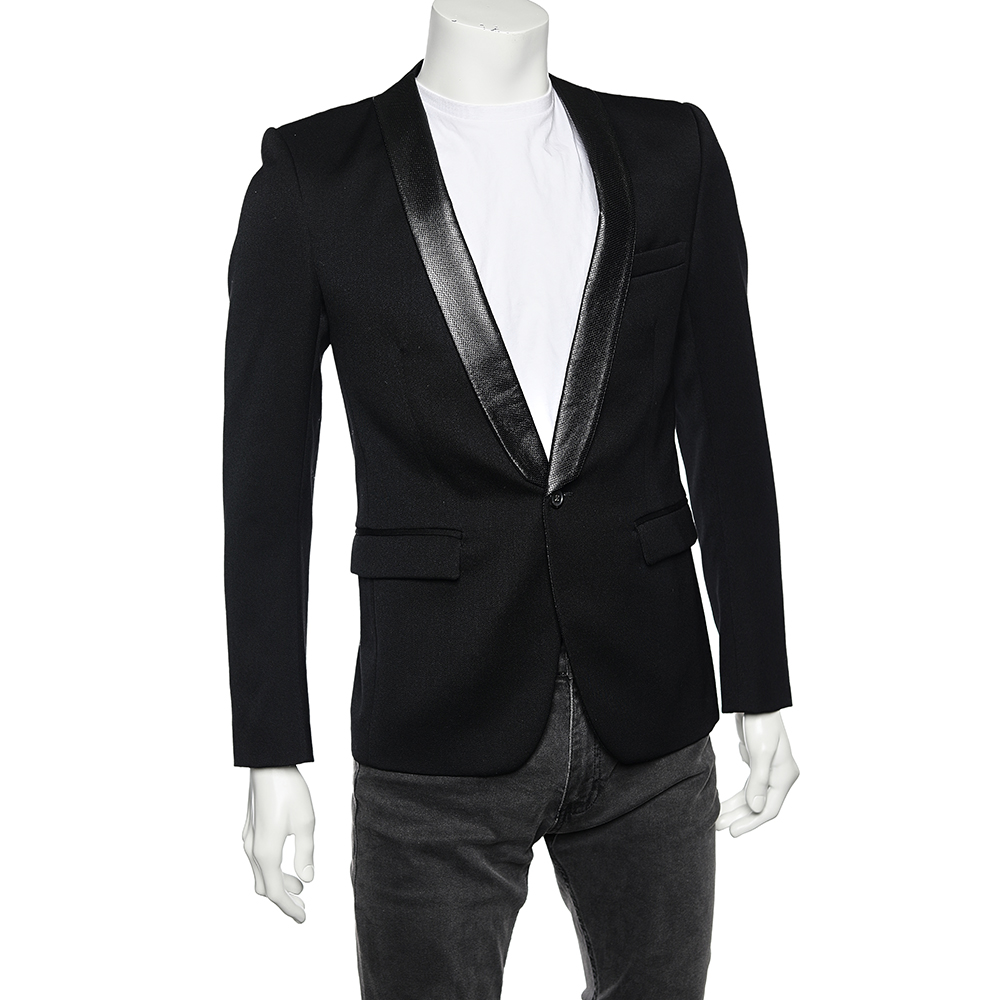 

Balmain Black Wool & Leather Trim Shawl Lapel Blazer