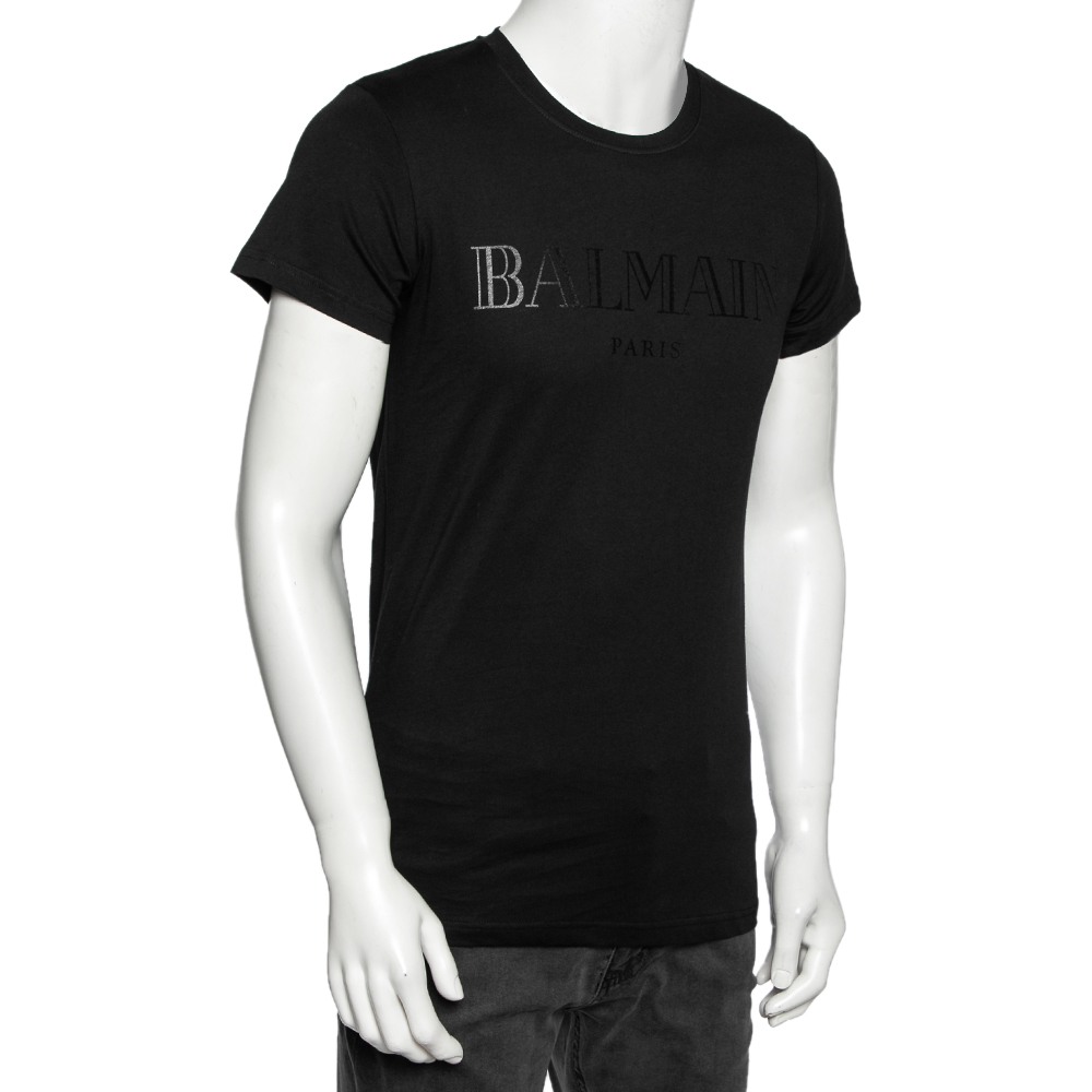 

Balmain Black Cotton Logo Printed Crew Neck Short Sleeve T-Shirt