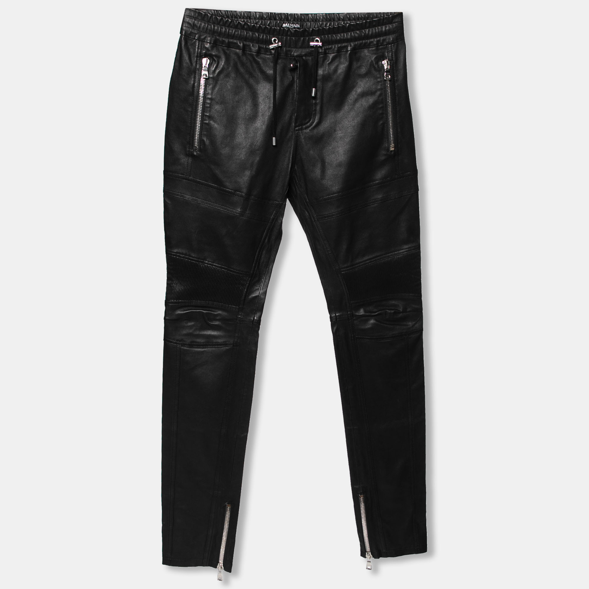 Pre-owned Balmain Black Lamb Leather Biker Trousers L