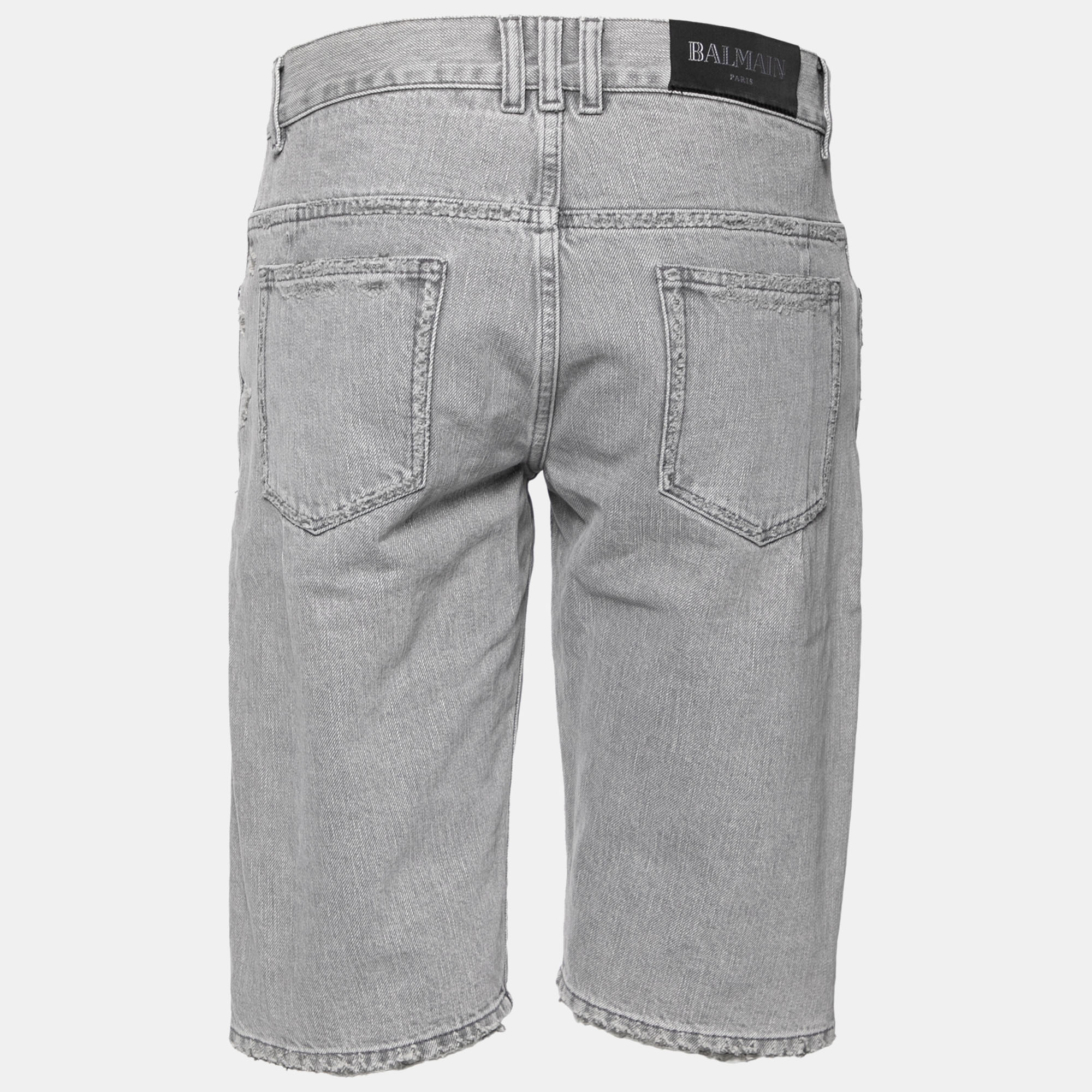 Balmain Grey Distressed Denim Zip Detail Shorts M  - buy with discount