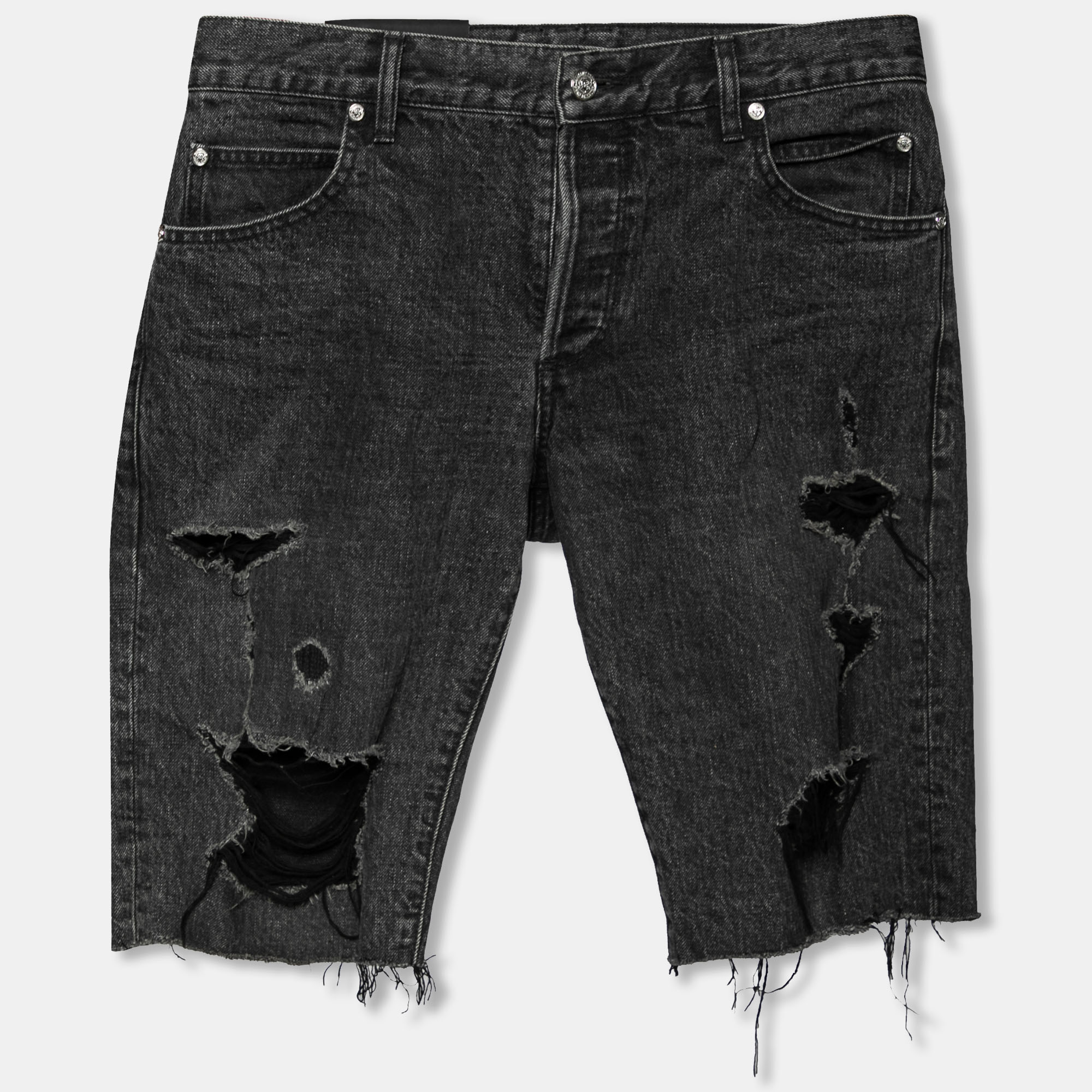 Pre-owned Balmain Grey Distressed Denim Shorts M