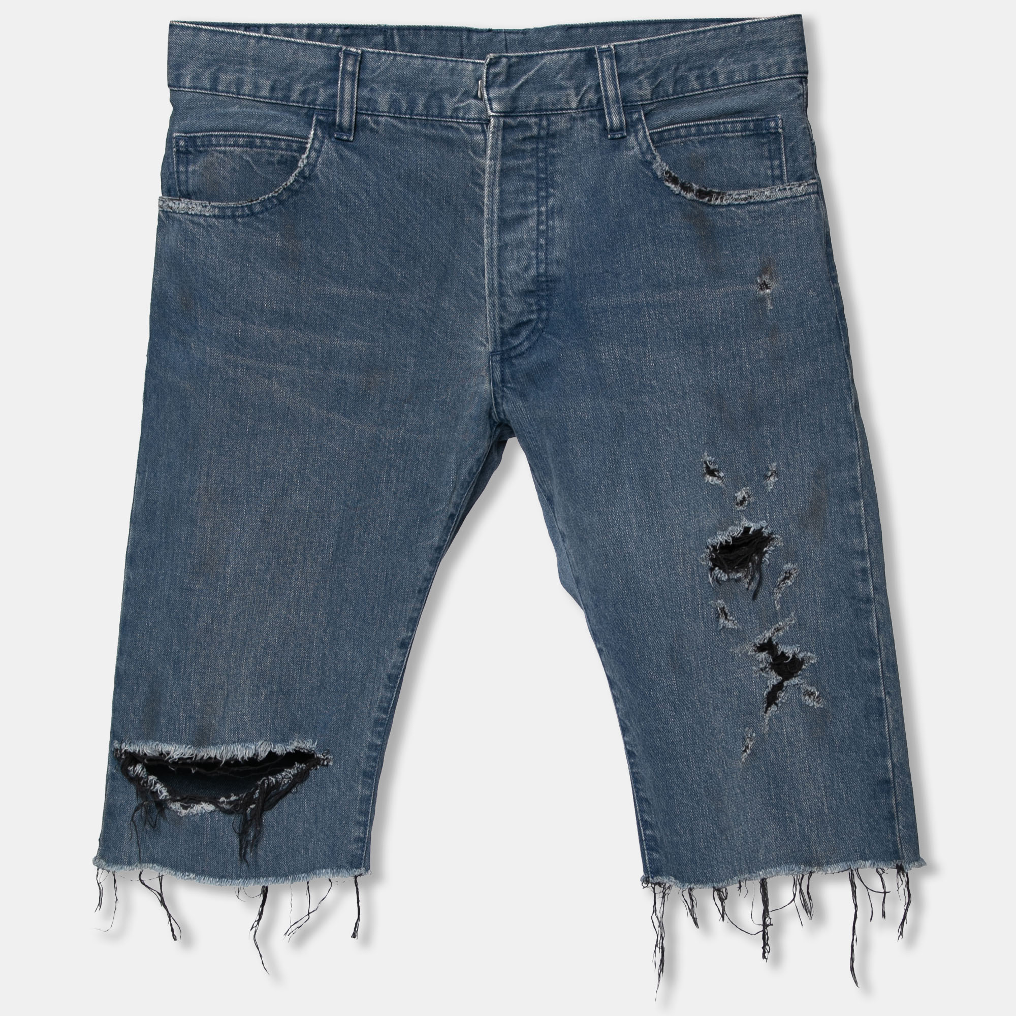 

Balmain Blue Distressed Denim Frayed Edged Shorts