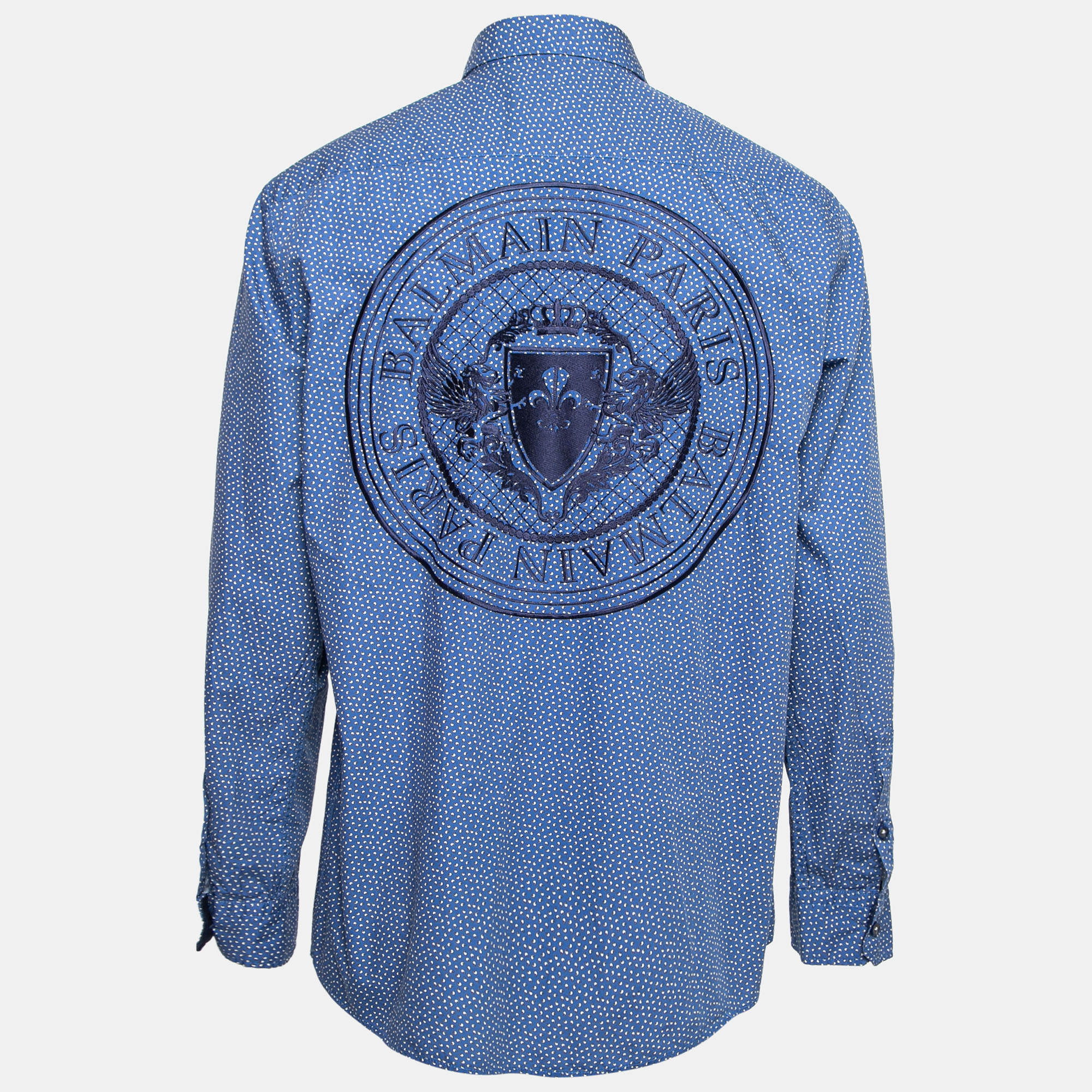 

Balmain Blue Printed Cotton Logo Embroidered Button Front Shirt