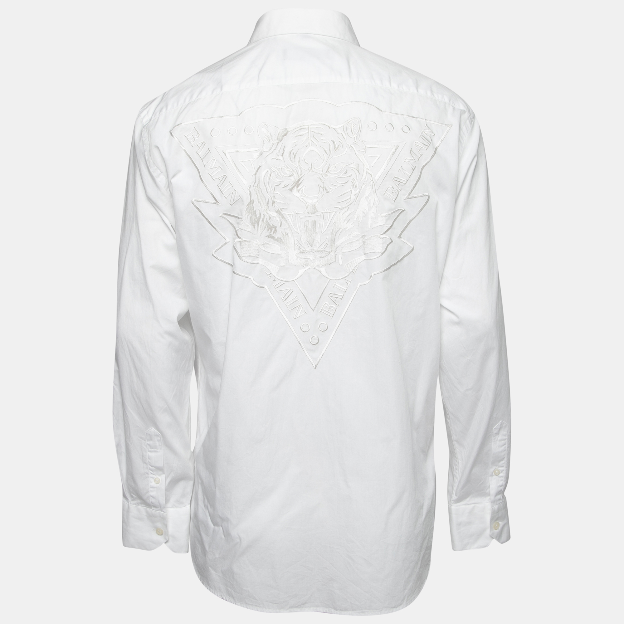 

Balmain White Cotton Tiger Logo Embroidered Button Front Shirt