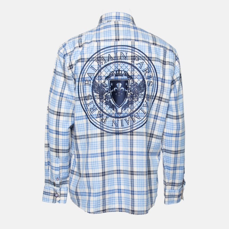 

Balmain Blue Checked Cotton Logo Embroidered Button Front Shirt