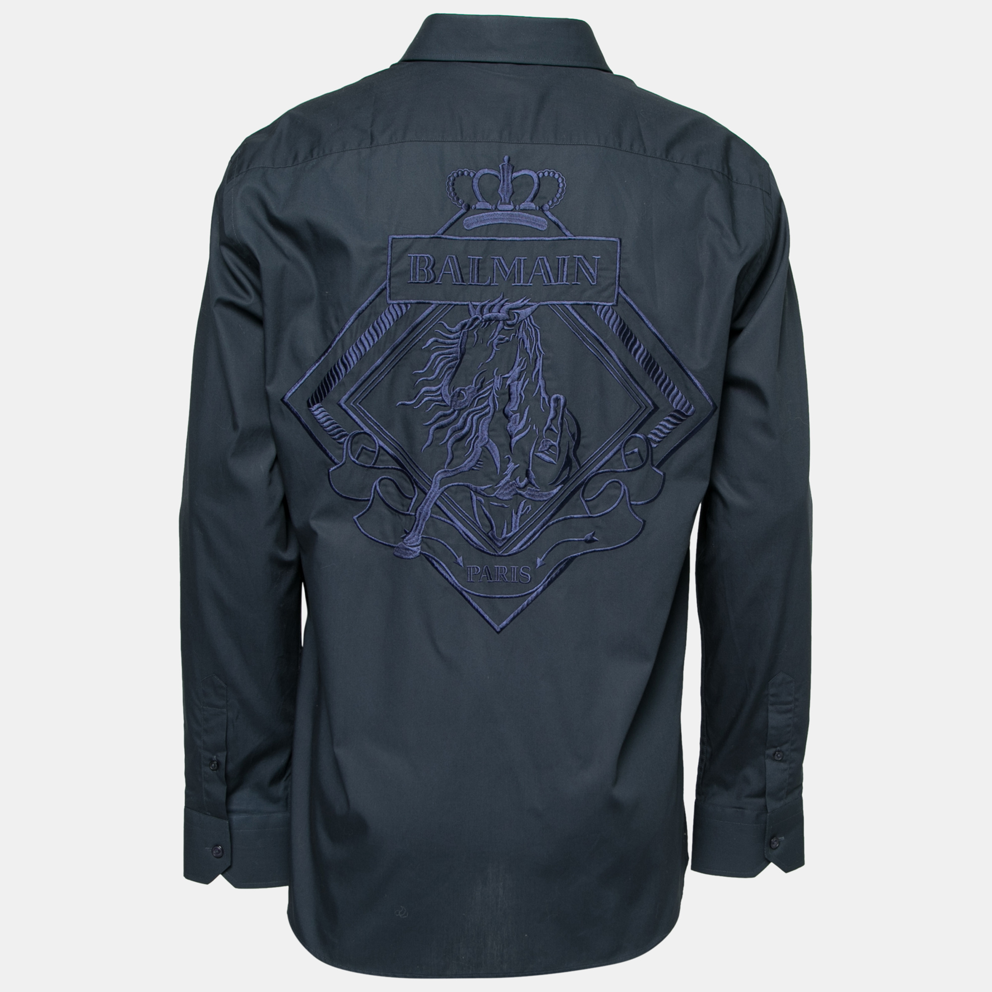 

Balmain Midnight Blue Cotton Logo Embroidered Button Front Shirt