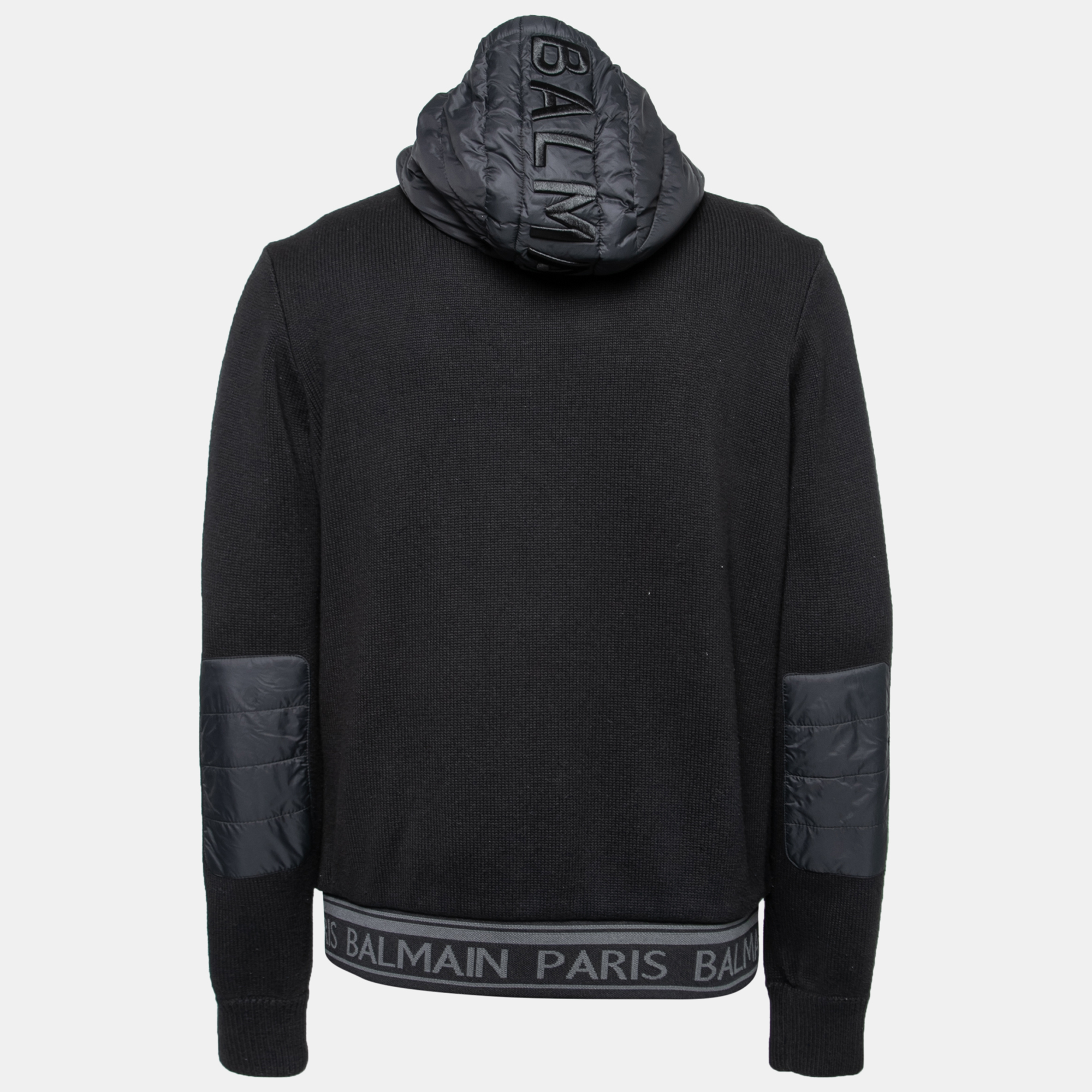 

Balmain Black Synthetic & Knit Paneled Hooded Zip Front Jacket