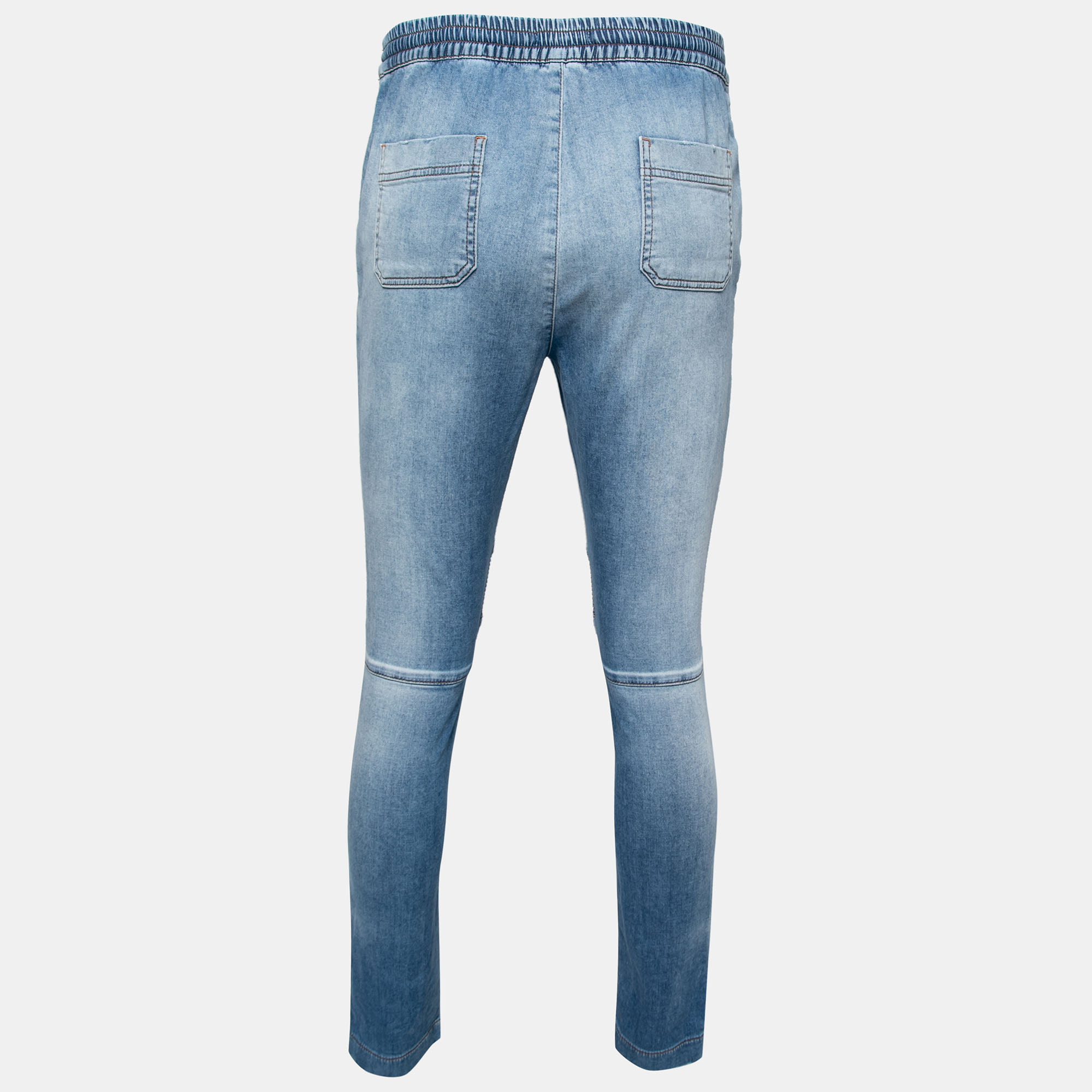 

Balmain Light Blue Distressed Denim Ribbed-Paneled Jeans  Waist 29