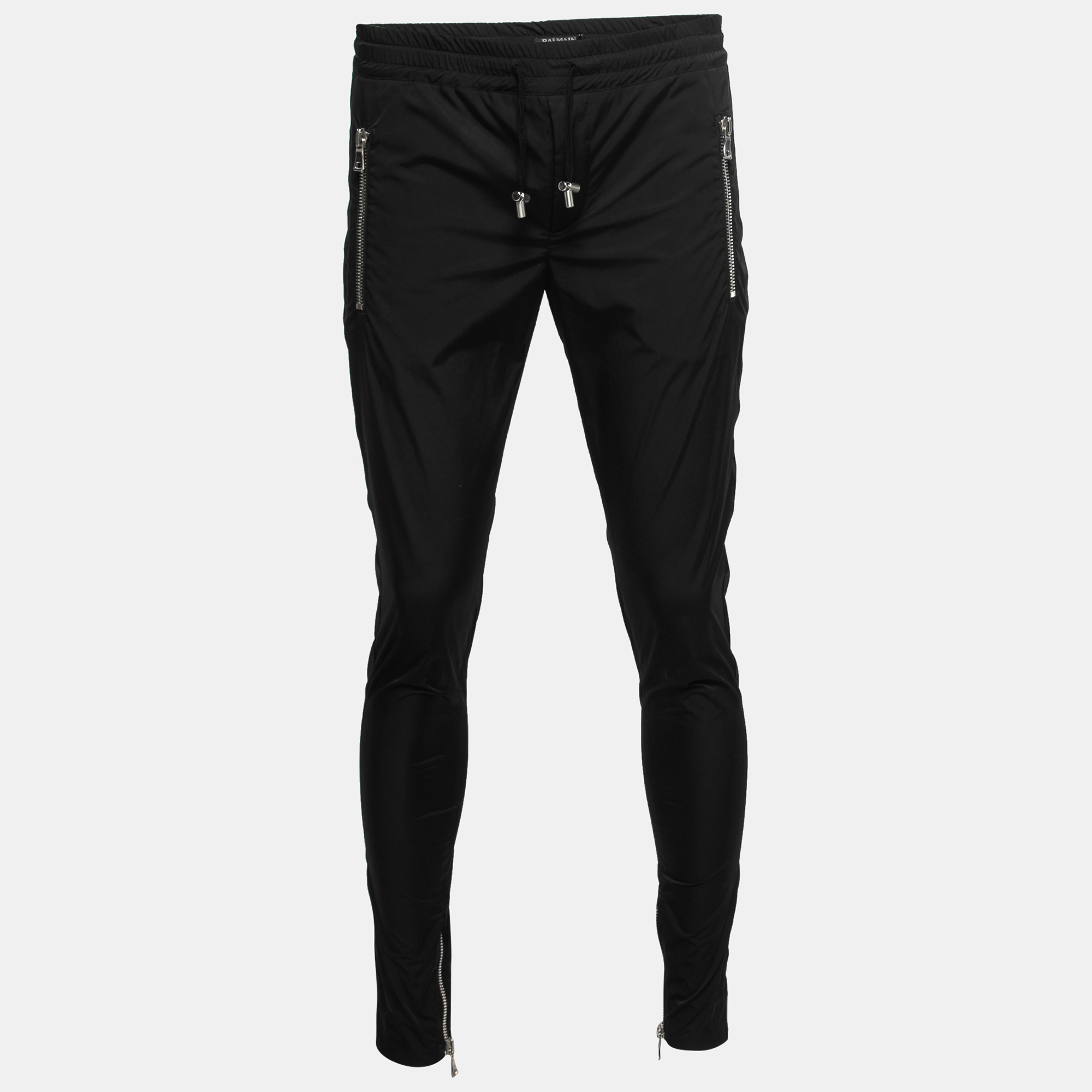 Pre Owned Balmain Black Synthetic Zipper Detail Jogger Trousers M