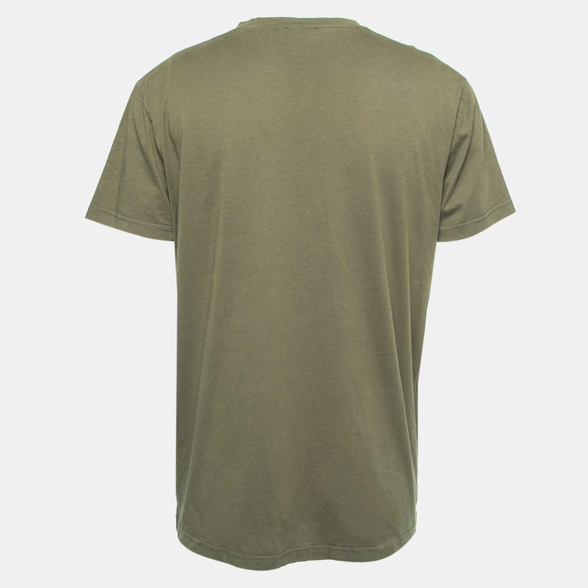 

Balmain Military Green Cotton Velvet Trim Logo Detail Crew Neck Half Sleeve T-Shirt