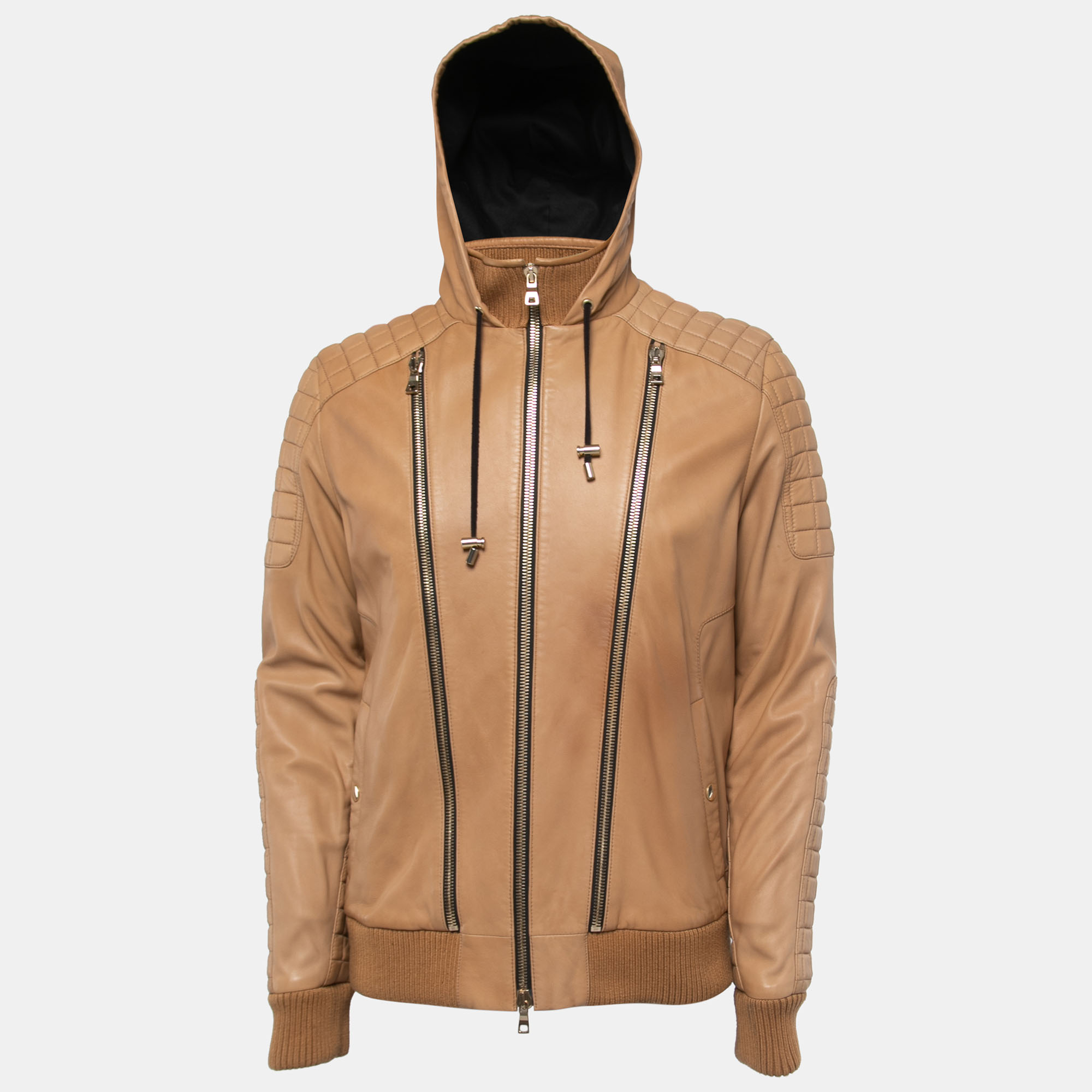 Pre-owned Balmain Beige Lambskin Leather Hooded Jacket 2xl