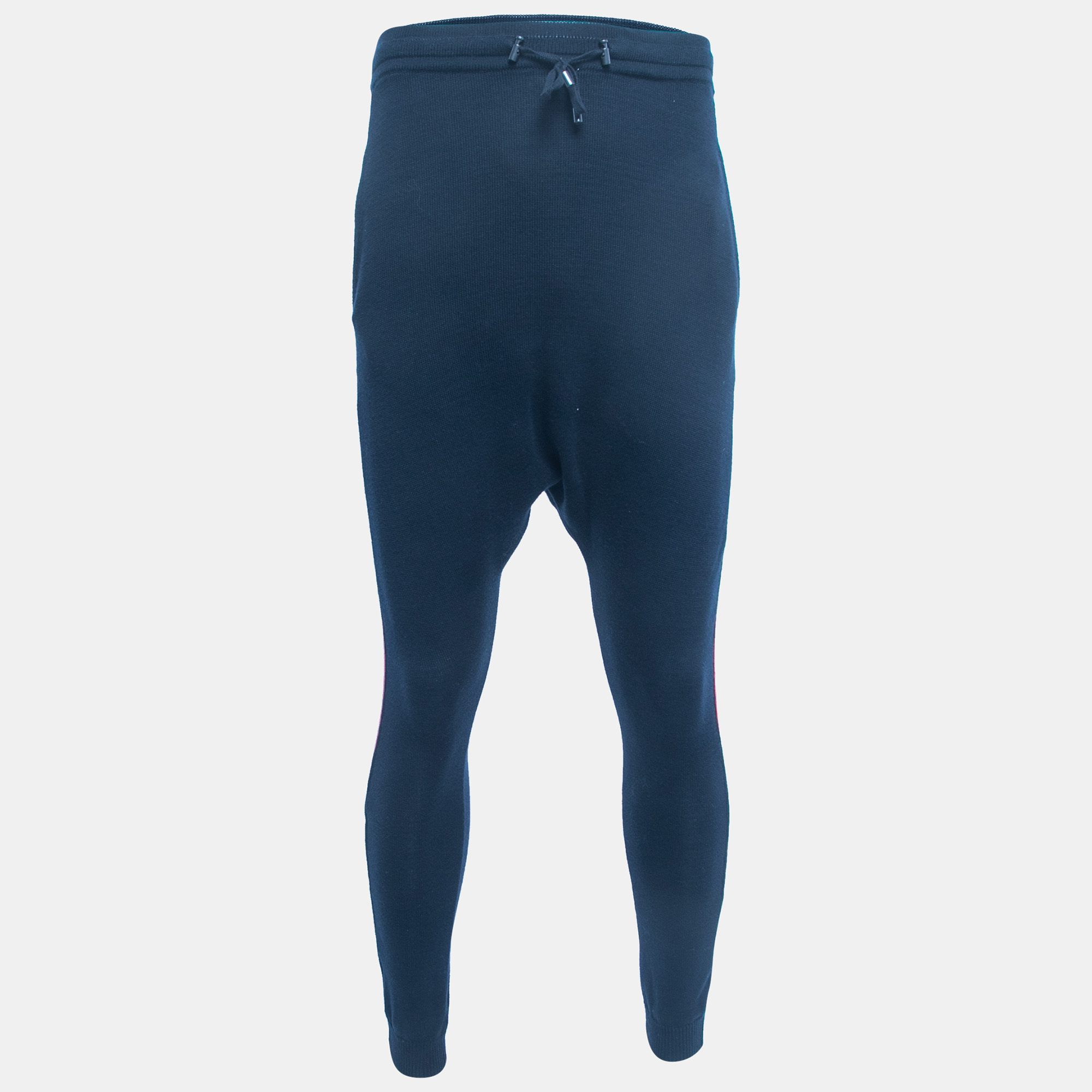 Pre-owned Balmain Navy Blue Cotton Side Stripe Detail Drawstring Yoga Trousers Xs