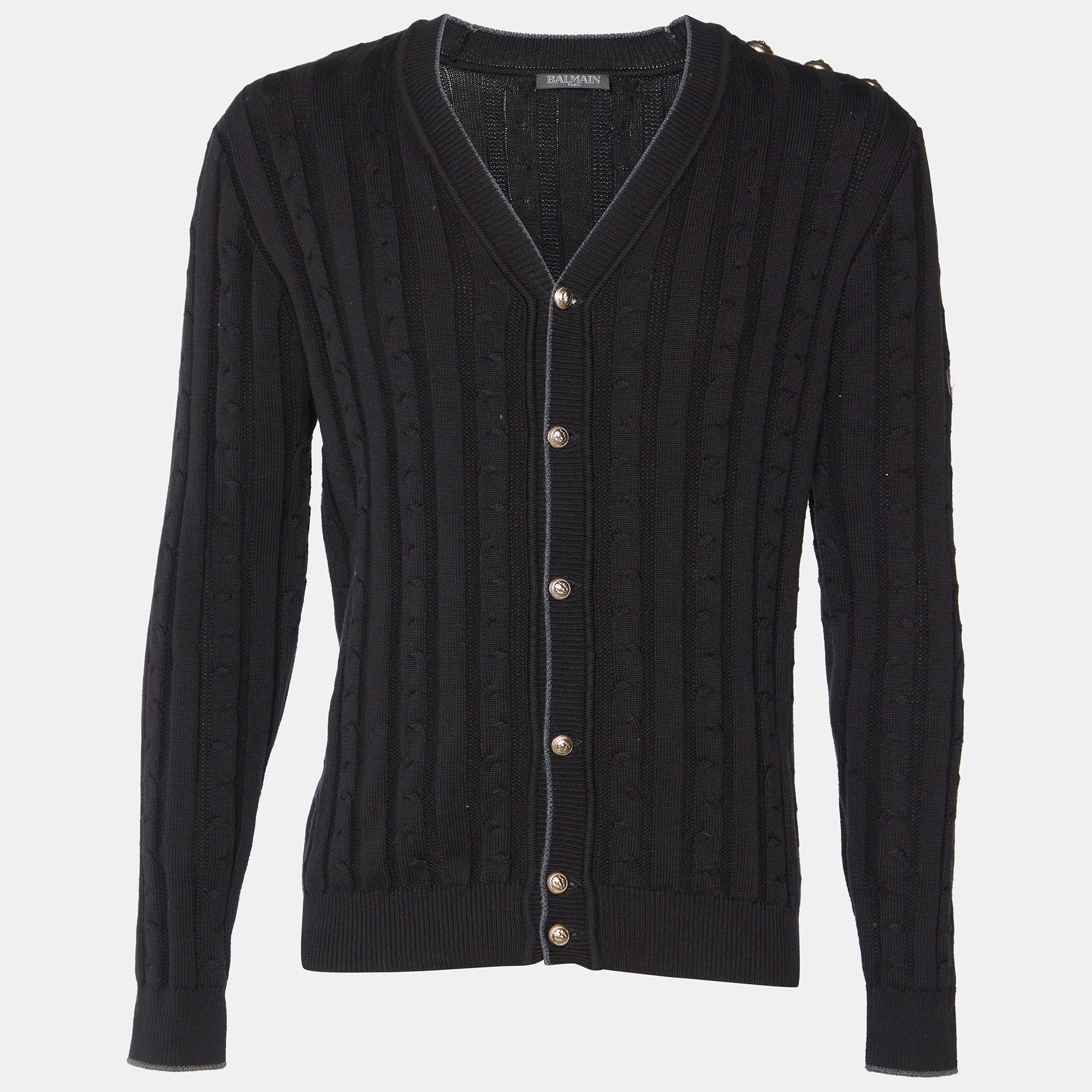 Pre-owned Balmain Black Ribbed Knit Button Front Cardigan M