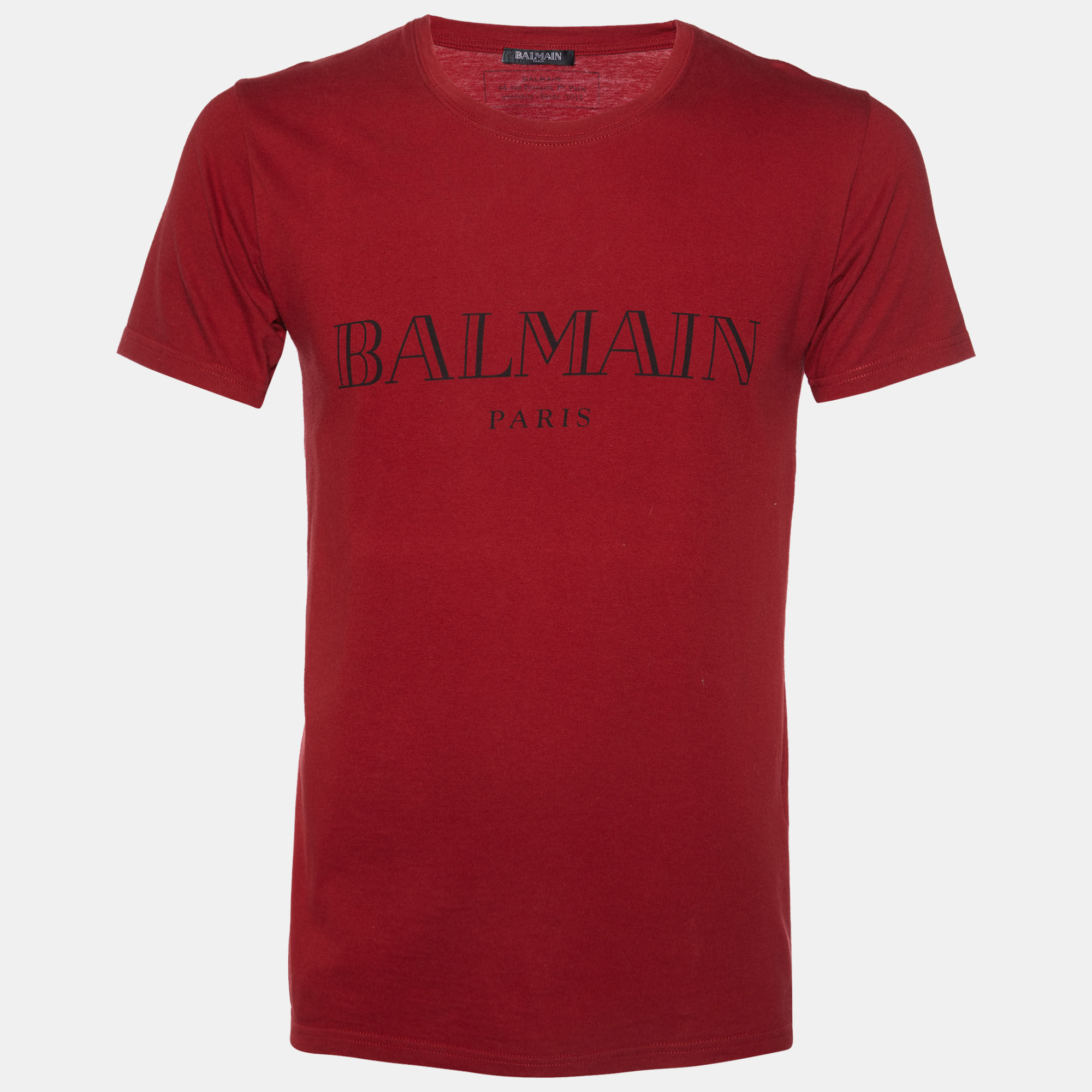 Pre-owned Balmain Red Logo Print Cotton Crew Neck T-shirt Xs