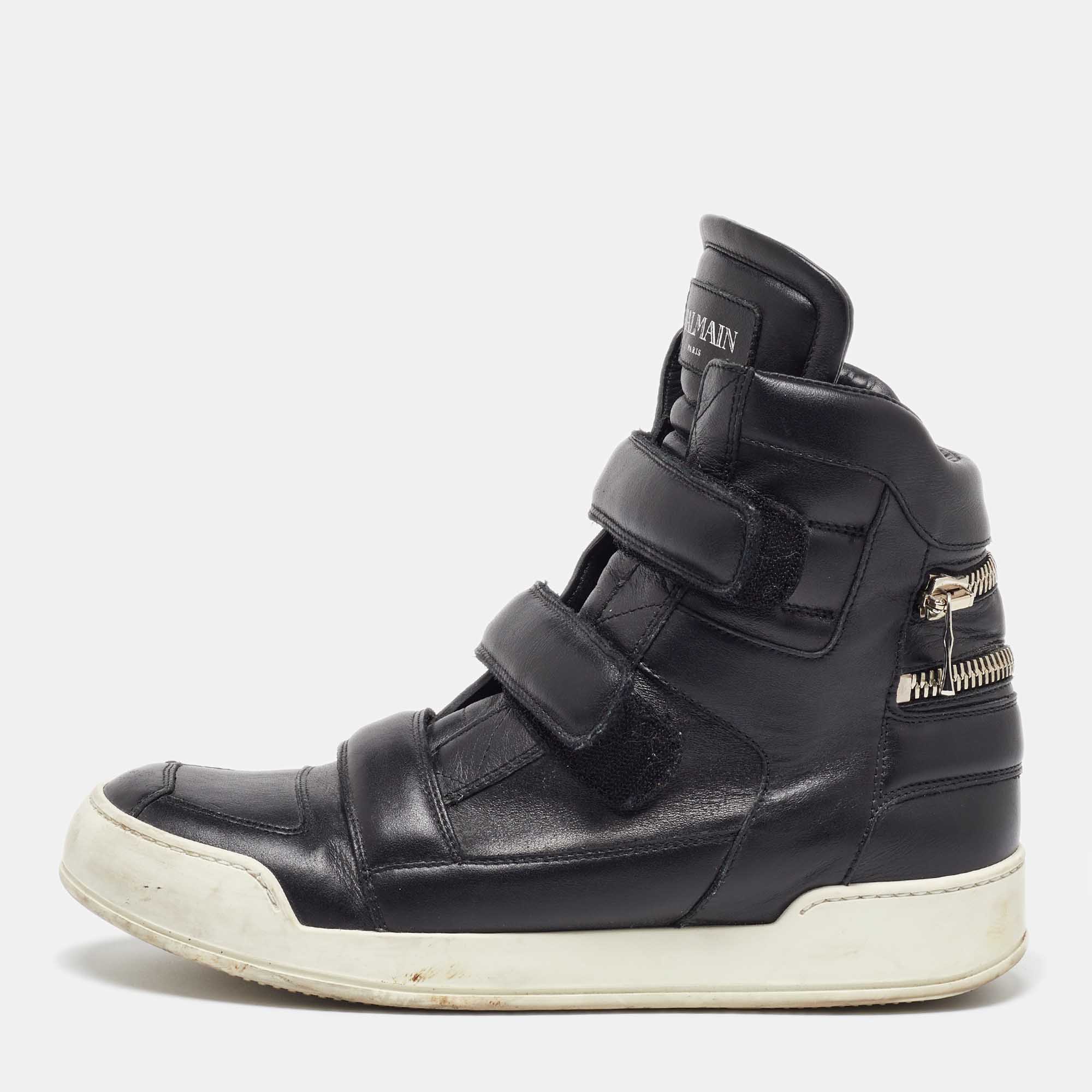 

Balmain Black Leather Zip High Top Sneakers Size