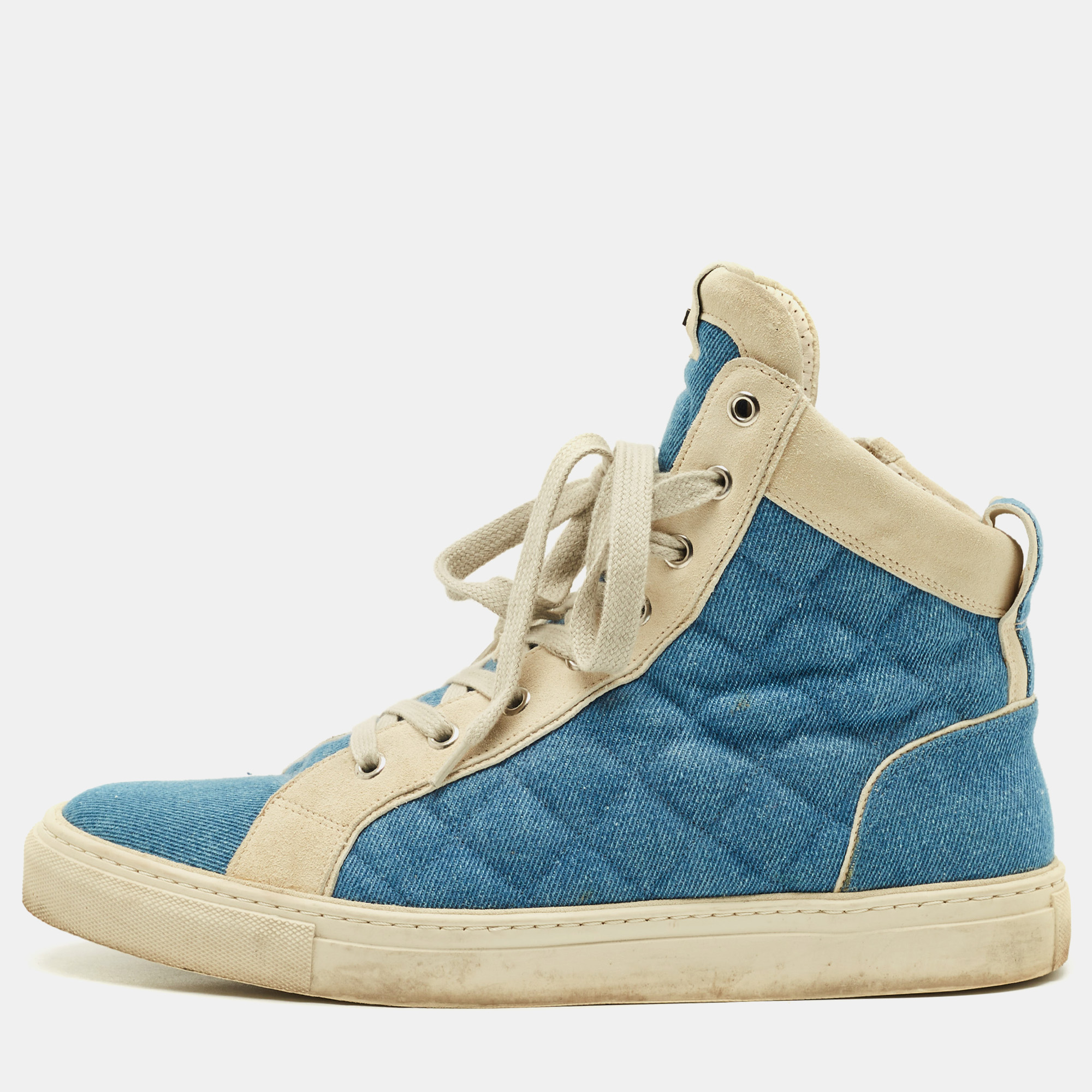 Pre-owned Balmain Size 44 Blue Denim And Suede High Top Sneakers