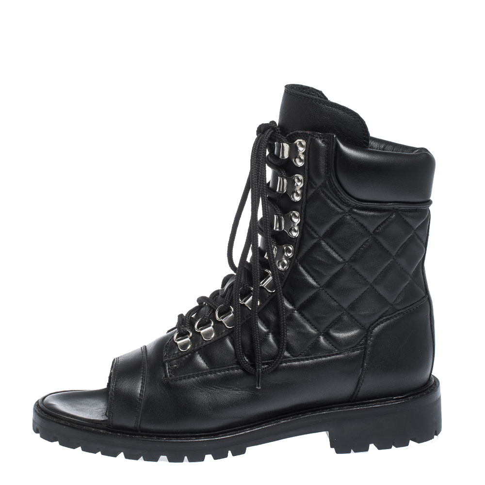 

Balmain Black Quilted Leather Lace up Open Toe Boots Size