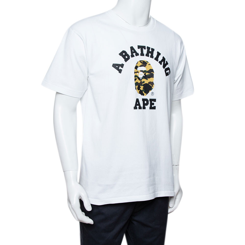 

A Bathing Ape White Camo Logo Print Cotton Crew Neck T-Shirt