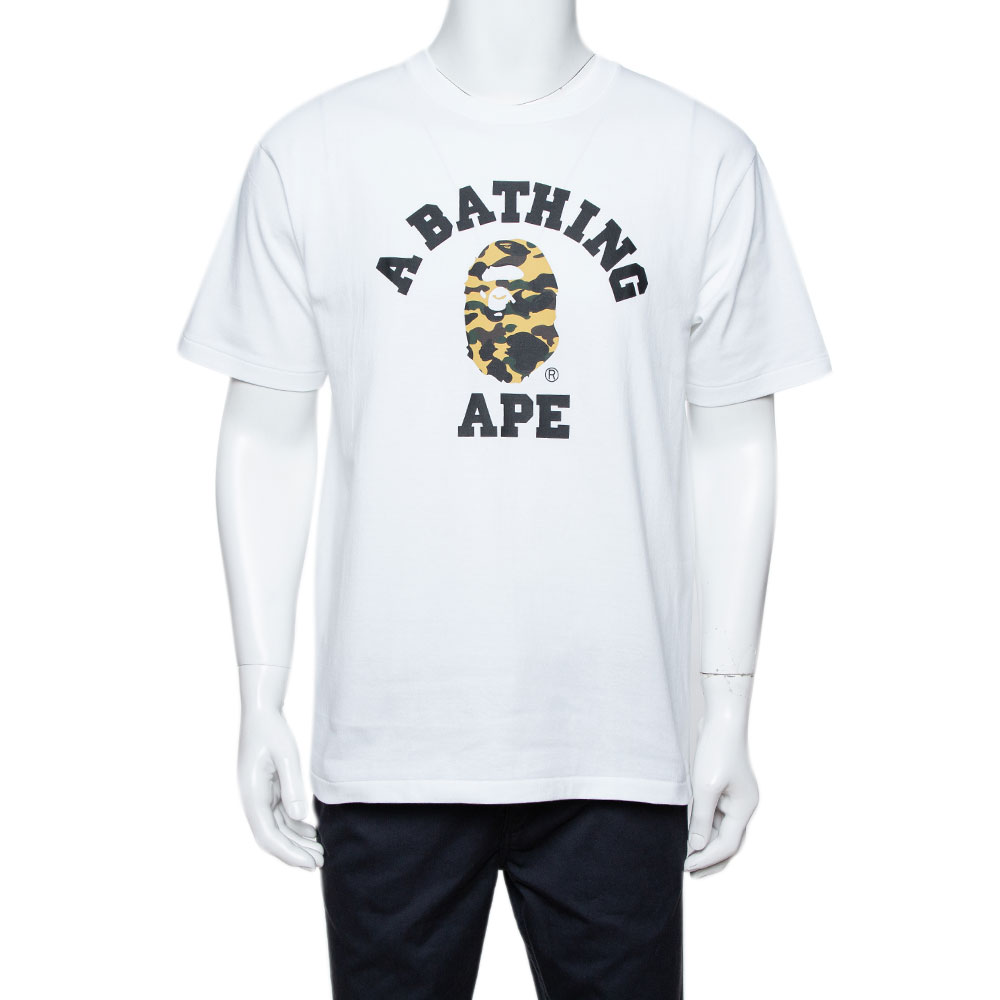 

A Bathing Ape White Camo Logo Print Cotton Crew Neck T-Shirt