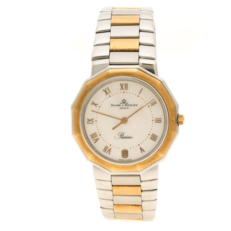 Pre Owned Baume and Mercier Mother of Pearl Stainless Steel and Yellow Gold Riviera Men's Wristwatch 34 mm