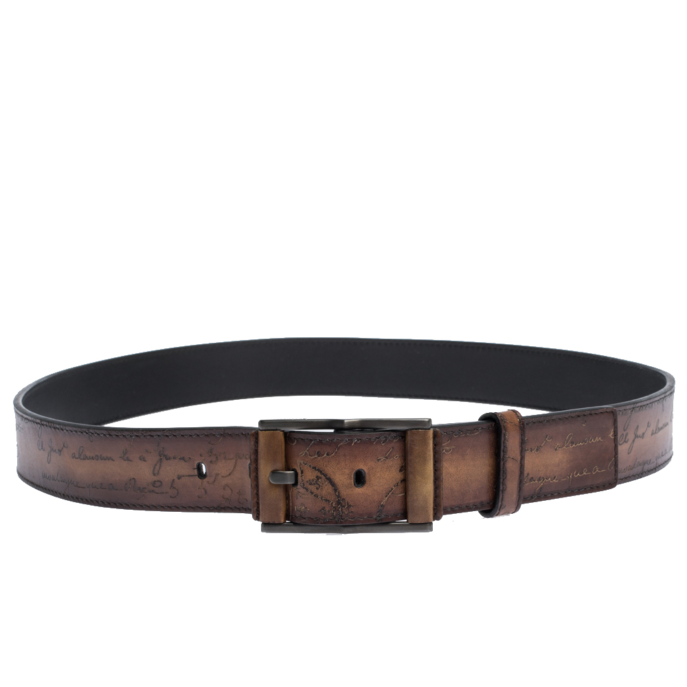 Berluti Brown Scritto Leather Classic Buckle Belt 100CM