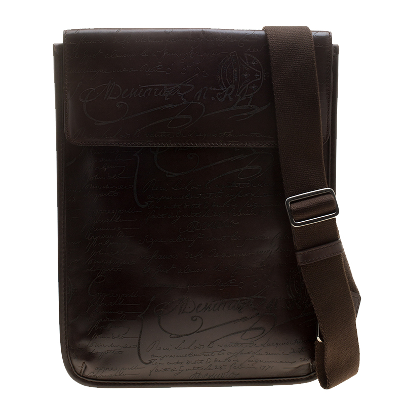 Pre Owned Berluti Brown Engraved Leather Messenger Bag
