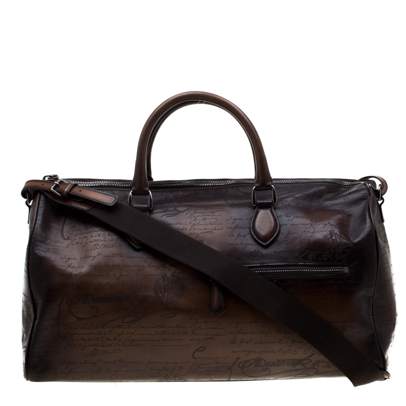 Berluti Two Tone Brown Scritto Leather Medium Jour Off Travel Bag