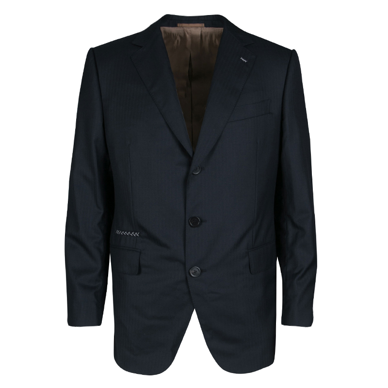 Pre Owned Berluti Navy Blue Striped Wool Drop 8 Fit Constructed Shoulder Detail Brera Suit L