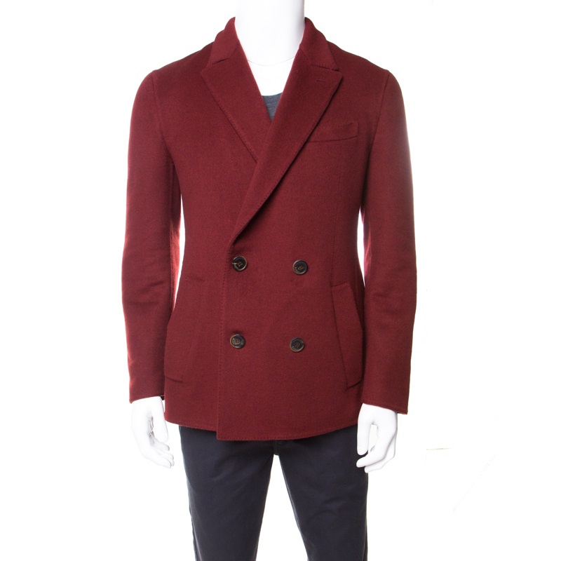 Berluti Burgundy Felted Cashmere Double Breasted Blazer L
