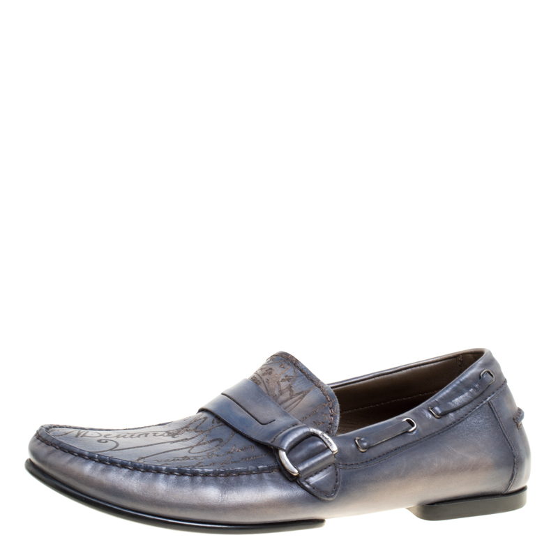 Pre Owned Berluti Grey Shaded Engraved Leather Loafers Size 43