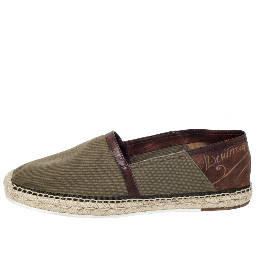 

Berluti Olive Green Canvas and Brown Leather Trimmed Espadrilles Loafers Size
