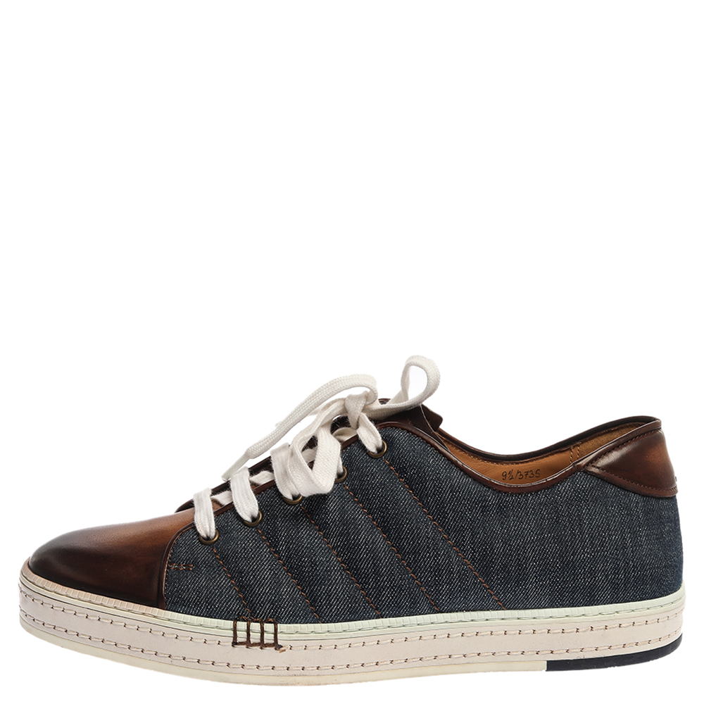 

Berluti Blue/Brown Denim And Leather Playfield Side-Stitch Sneakers Size