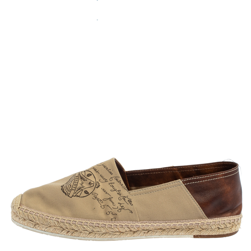 

Berluti Beige/Brown Canvas and Leather Logo Slip on Espadrilles Size
