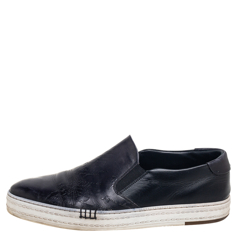 

Berluti Black Leather Playtime Palermo Scritto Slip On Sneakers Size