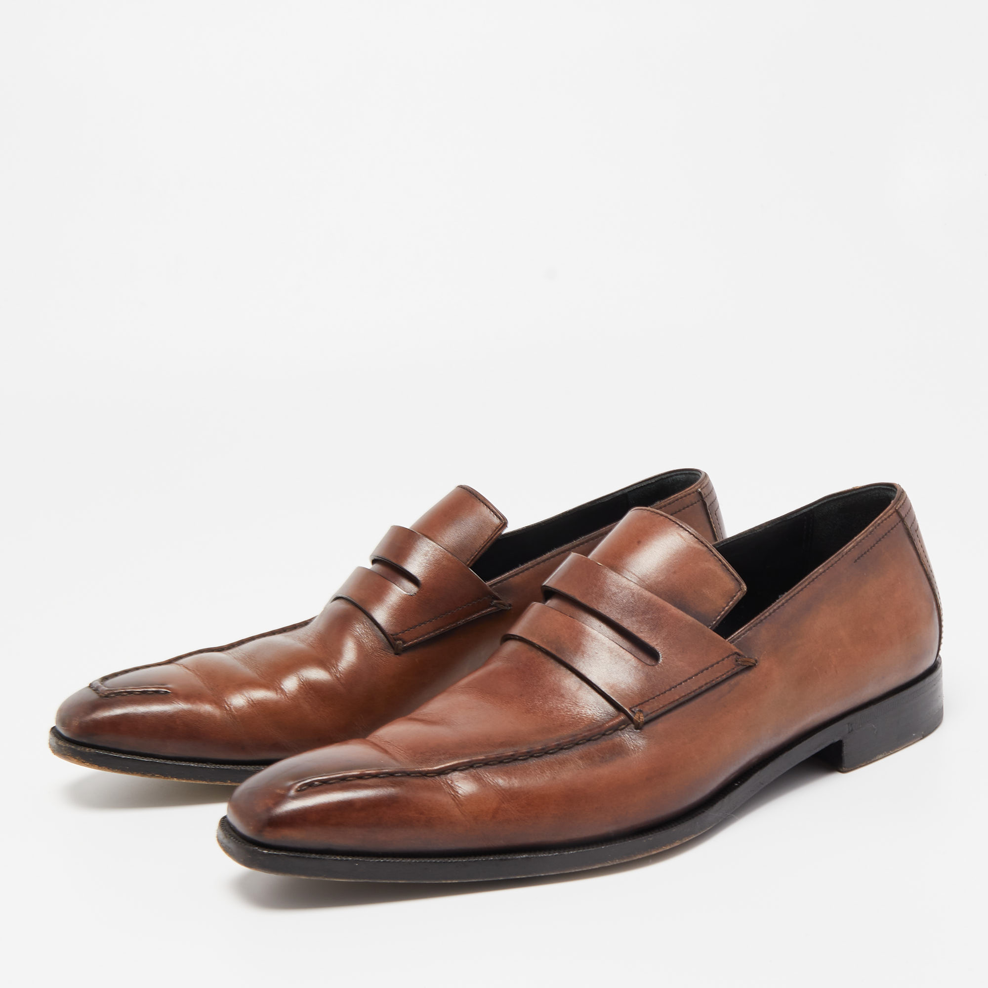 

Berluti Brown Leather Lorenzo Penny Slip On Loafers Size