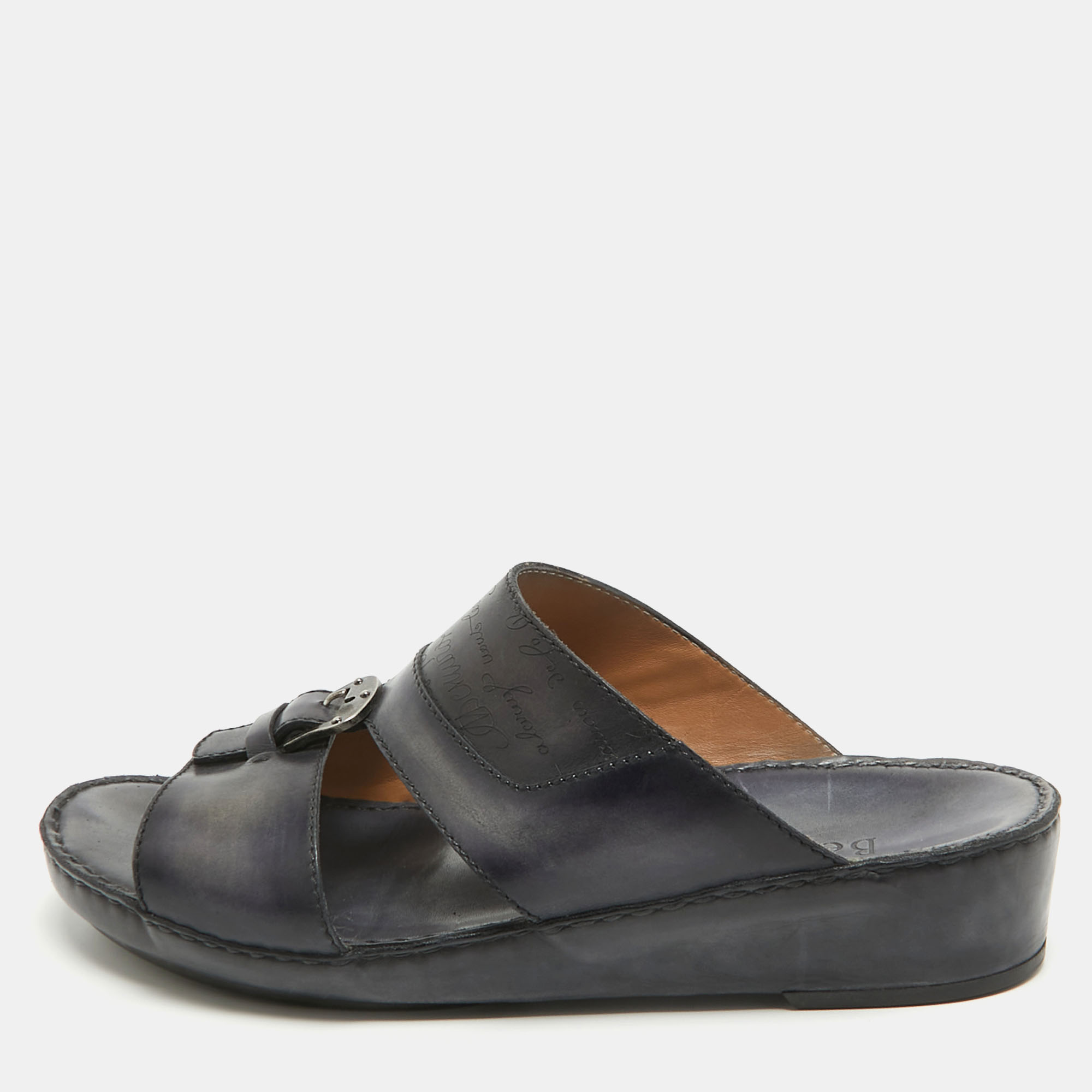Berluti Navy Blue Scritto Leather Slide Sandals 43