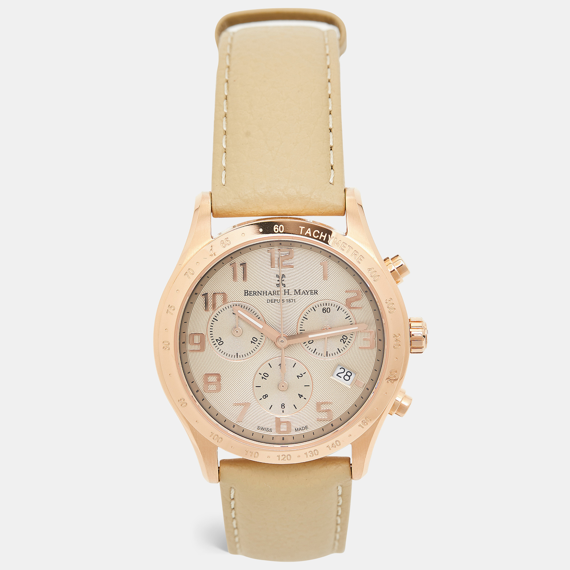 

Bernhard H. Mayer Khaki Rose Gold PVD Coated Stainless Steel Leather Iris Chronograph BH13/DWR Unisex Wristwatch, Beige