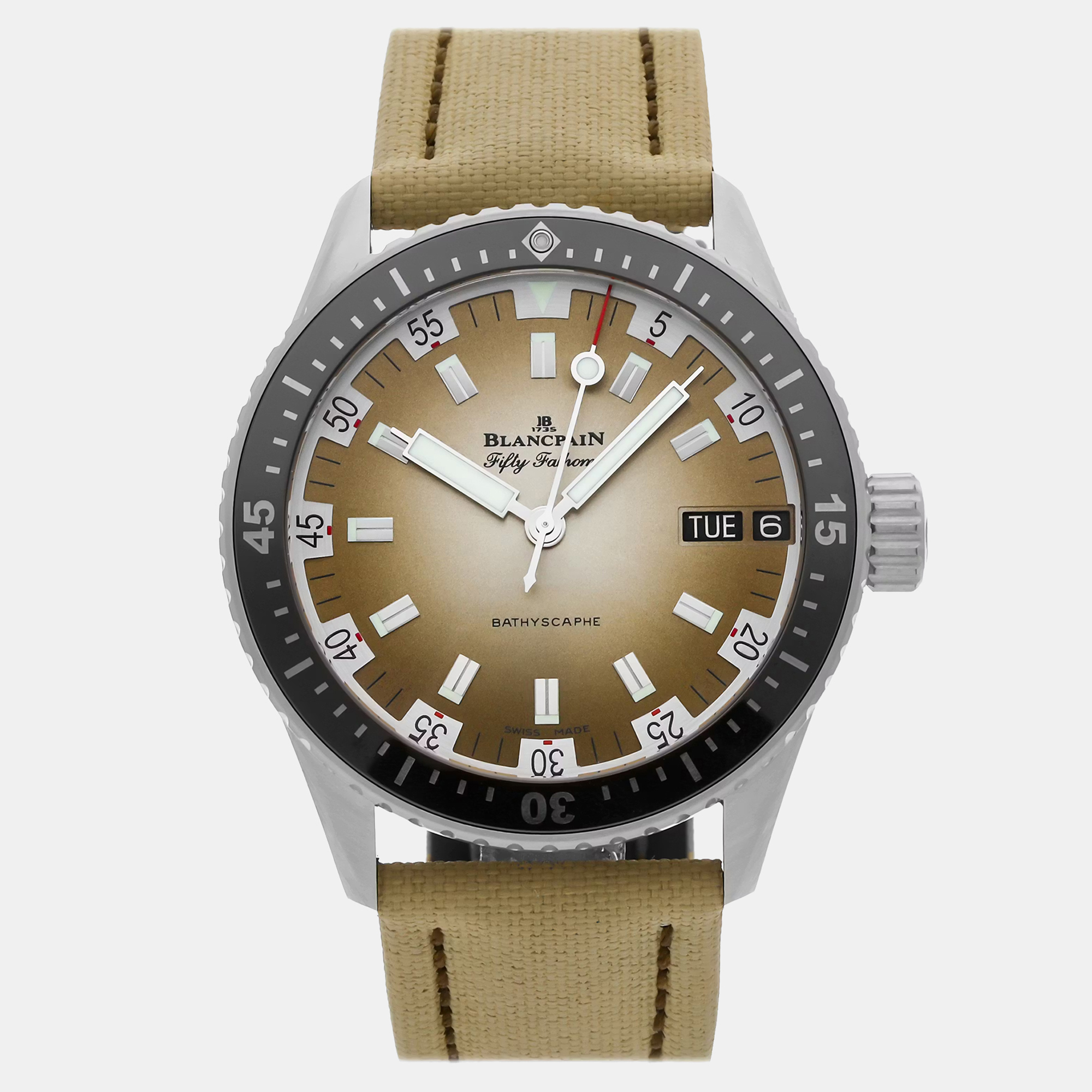 

Pre-Owned Blancpain Fifty Fathoms Bathyscaphe Day Date Desert Edition 5052-1146-E52A Beige Automatic Stainless Steel Men's Wristwatch 43 mm