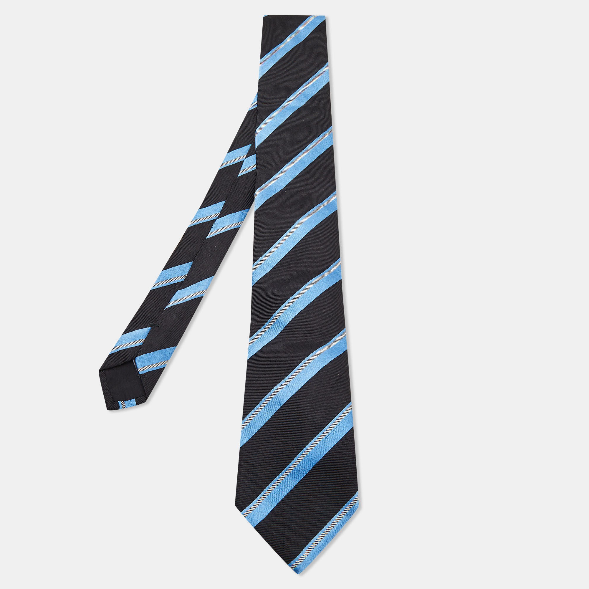 Pre-owned Boss By Hugo Boss Black & Blue Striped Silk Jacquard Tie