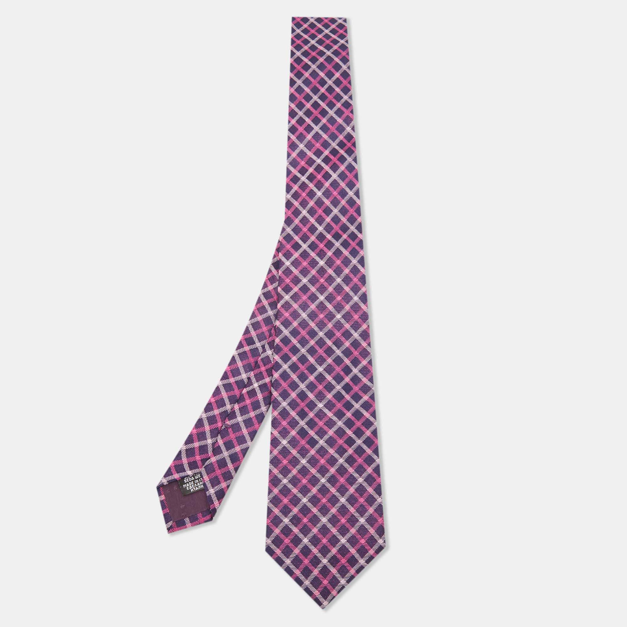 Pre-owned Boss By Hugo Boss Purple/pink Check Patterned Silk Tie