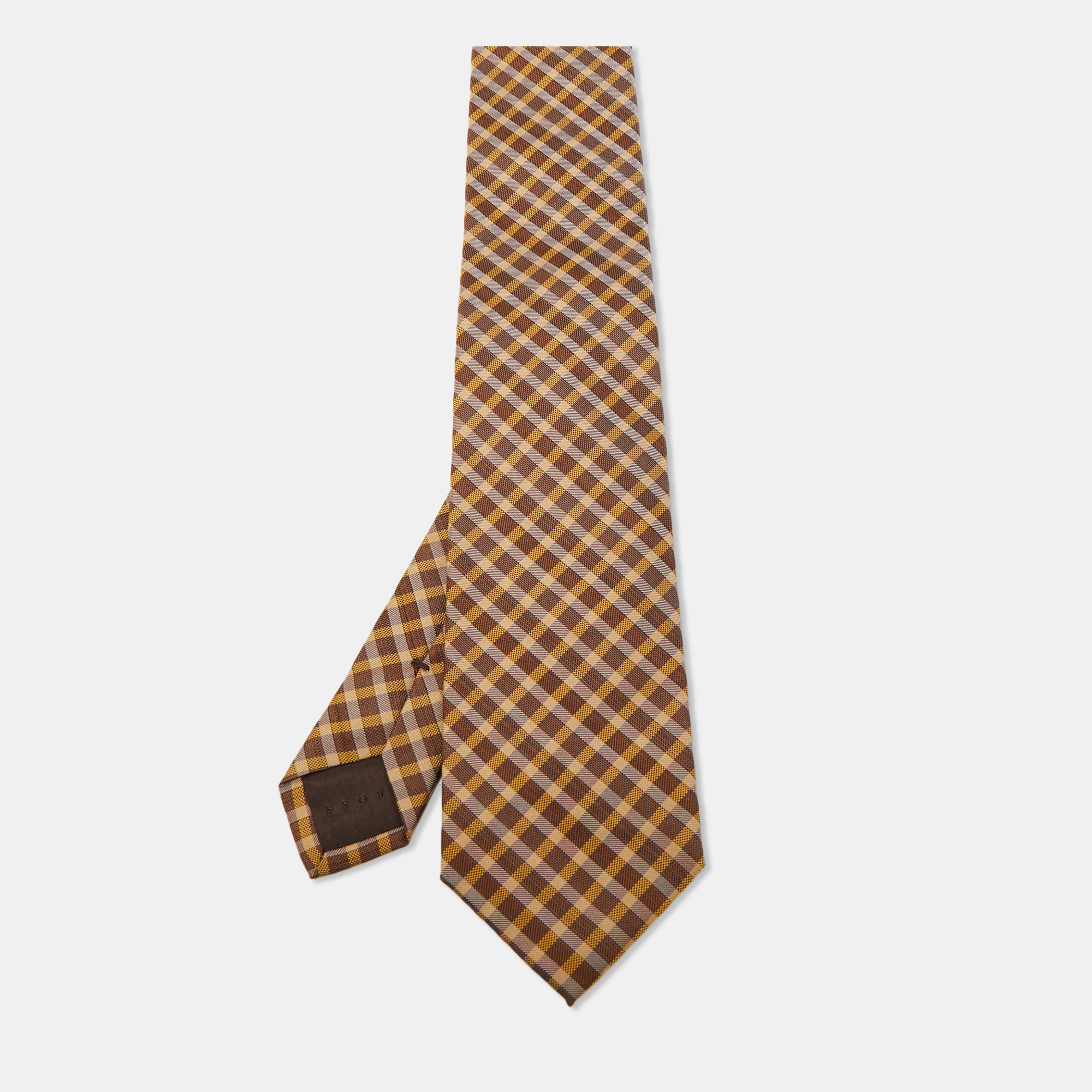 Pre-owned Boss By Hugo Boss Brown/yellow Check Patterned Silk Tie