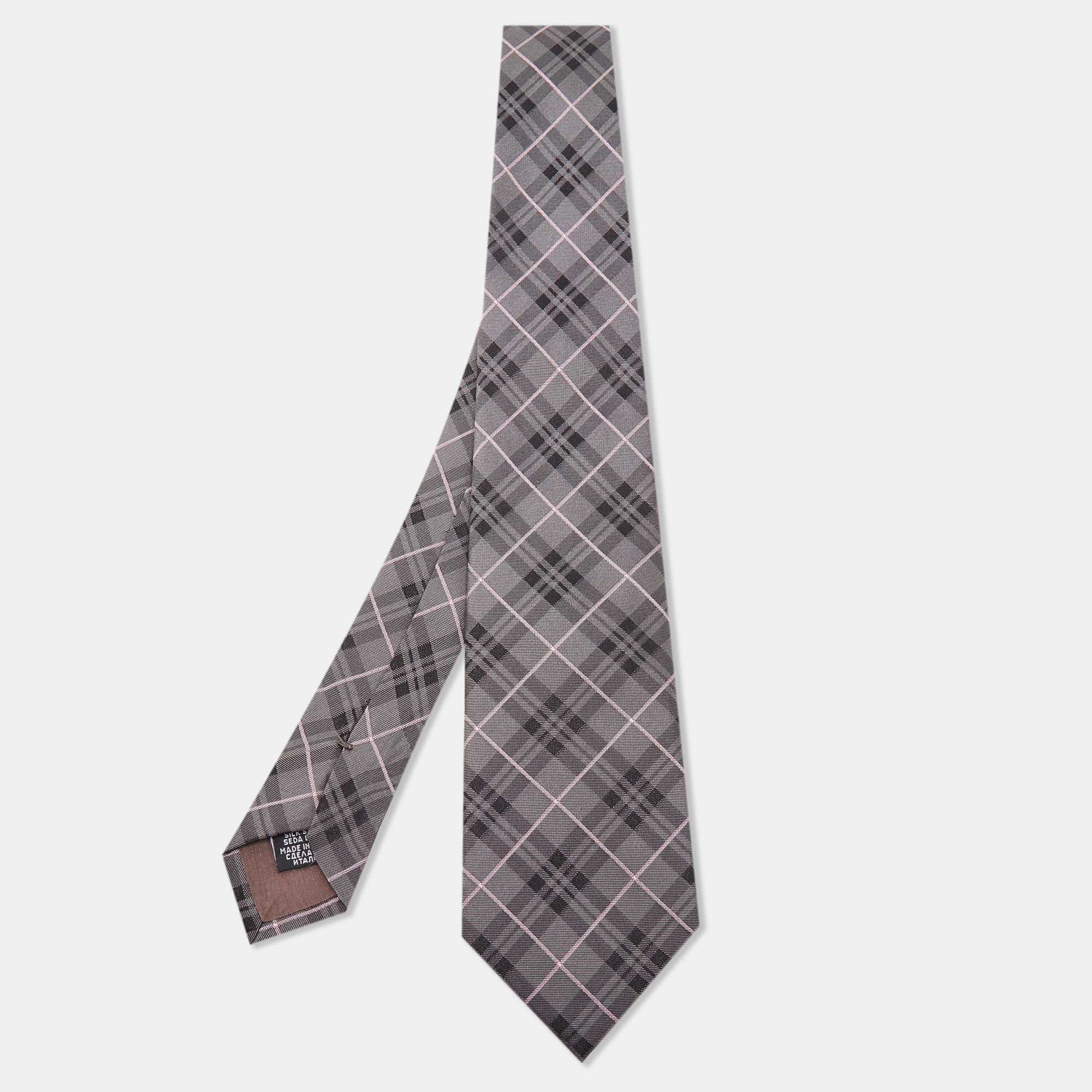 Pre-owned Boss By Hugo Boss Grey Check Patterned Silk Tie