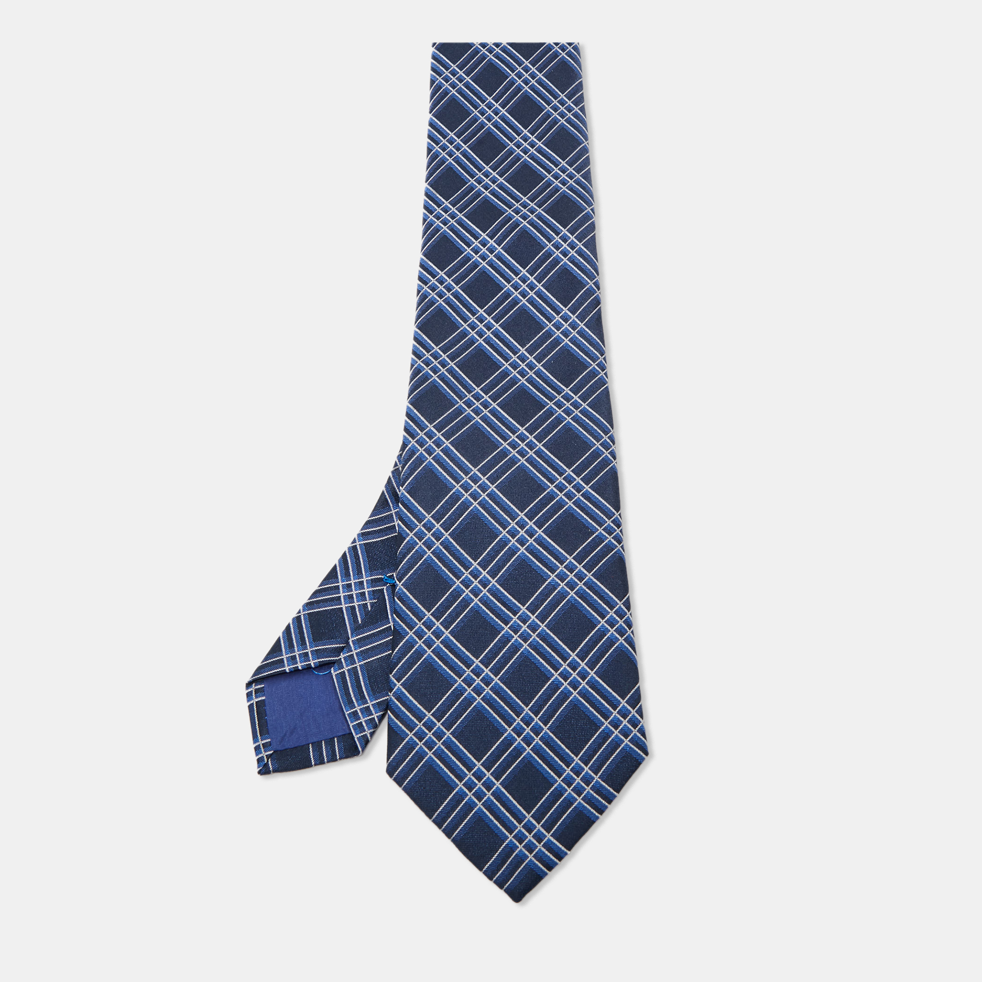 Pre-owned Boss By Hugo Boss Navy Blue Check Patterned Silk Tie