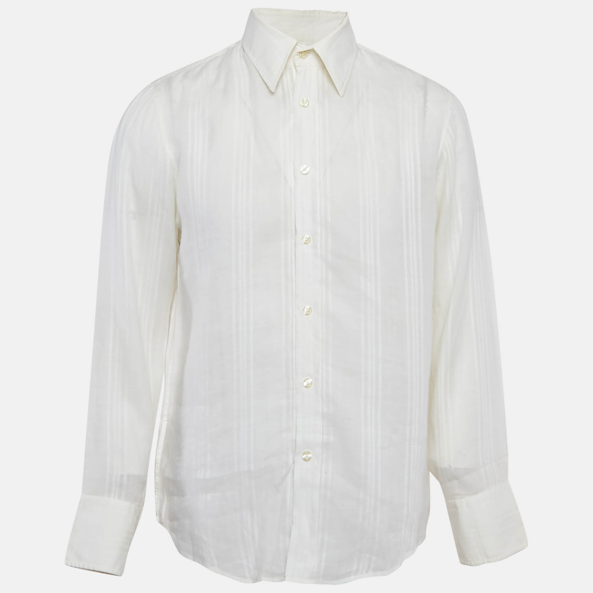 

Boss By Hugo Boss White Striped Ramie Button Front Shirt L