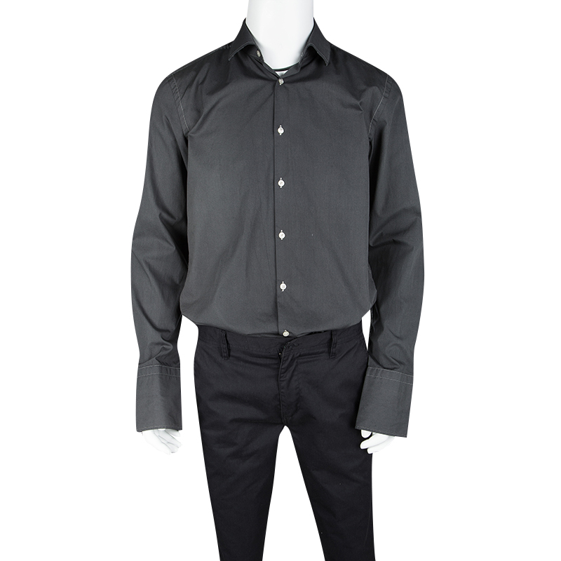 

Boss By Hugo Boss Grey Cotton Long Sleeve Button Front Slim Fit Jacques Shirt