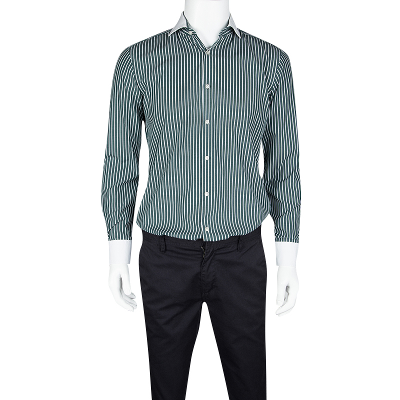 

Boss By Hugo Boss Green and White Striped Long Sleeve Slim Fit Jonah Shirt S