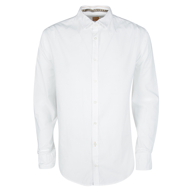 Boss Orange By Hugo Boss White Cotton Long Sleeve Slim Fit Espressoe Shirt L