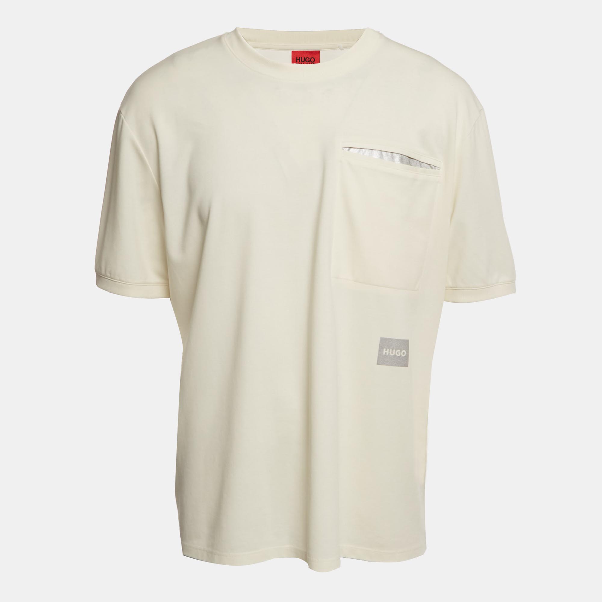 Pre-owned Boss By Hugo Boss Cream Logo Patch Cotton Blend T-shirt Xl In White