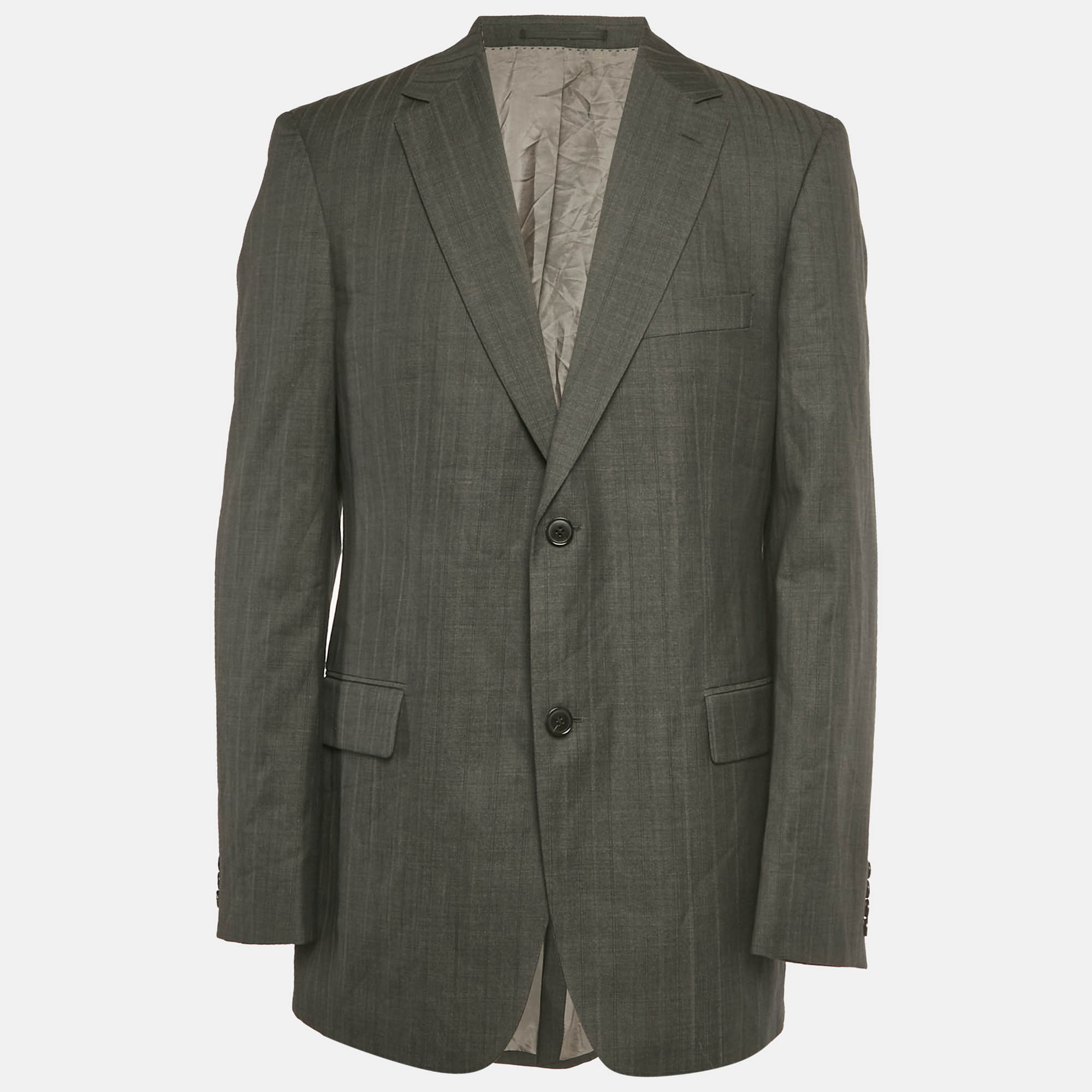 Click to view more detailed imagery on our partner's website Pre-owned Boss By Hugo Boss Charcoal Grey Striped Wool & Silk Bertolucci Long Fit Blazer Xl In Gray