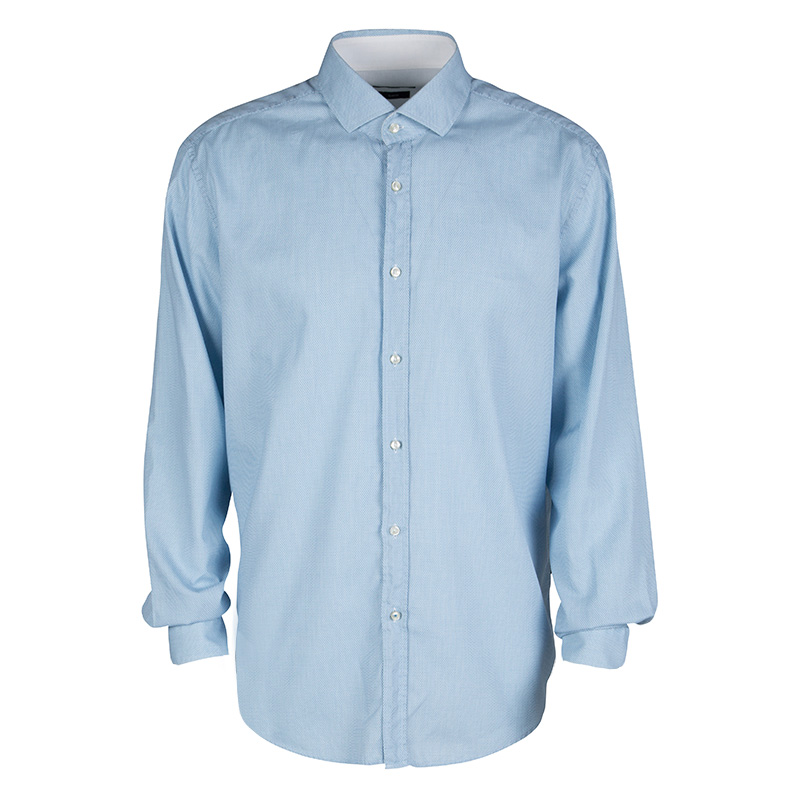 Boss By Hugo Boss Blue Patterned Cotton Jacquard Long Sleeve Slim Fit Shirt XXL